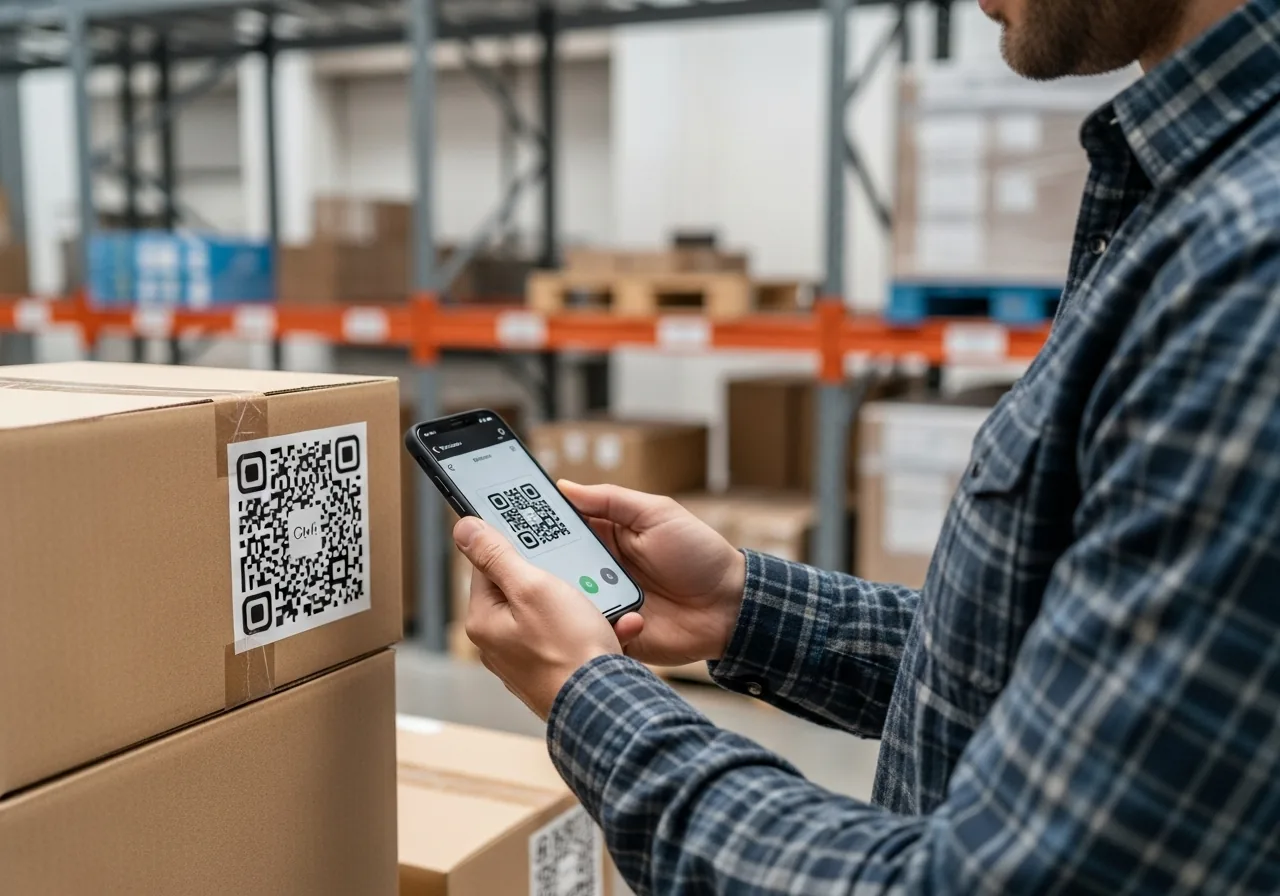 Person scanning QR code with smartphone for inventory management